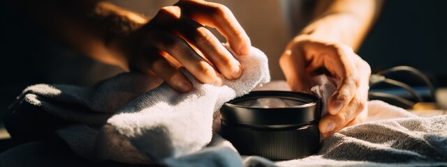 Detailed Close-Up of Hands Cleaning Camera Lens with Cloth and Air Blower for Maintenance and Care