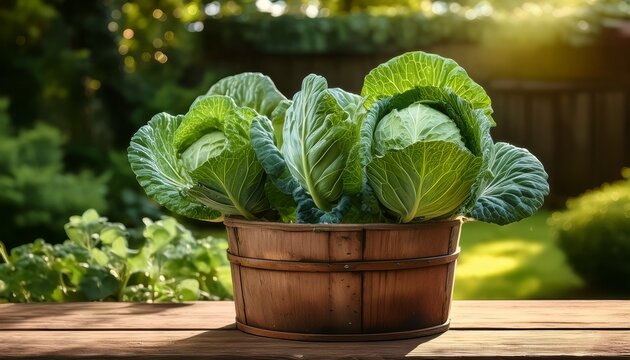 lush green cabbage plants in a rustic wooden pot on a garden table
