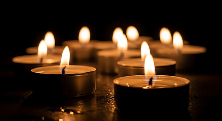 Soft glow of numerous tealight candles in darkness