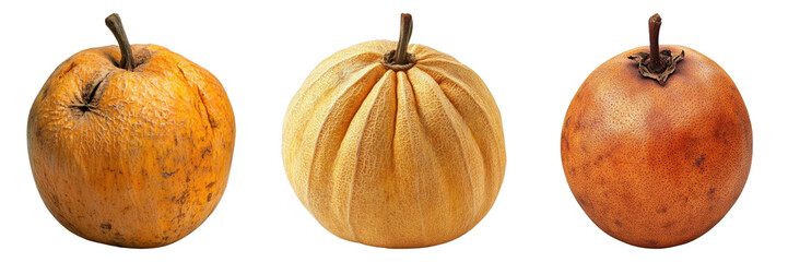 Three fruits with different stages of freshness, showing the beauty of natural ripening processes. The composition highlights the fruit's textures, colors, and subtle changes