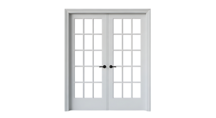 Elegant White French Doors with Grid Panes and Black Handles, Offering a Classic Architectural Entrance