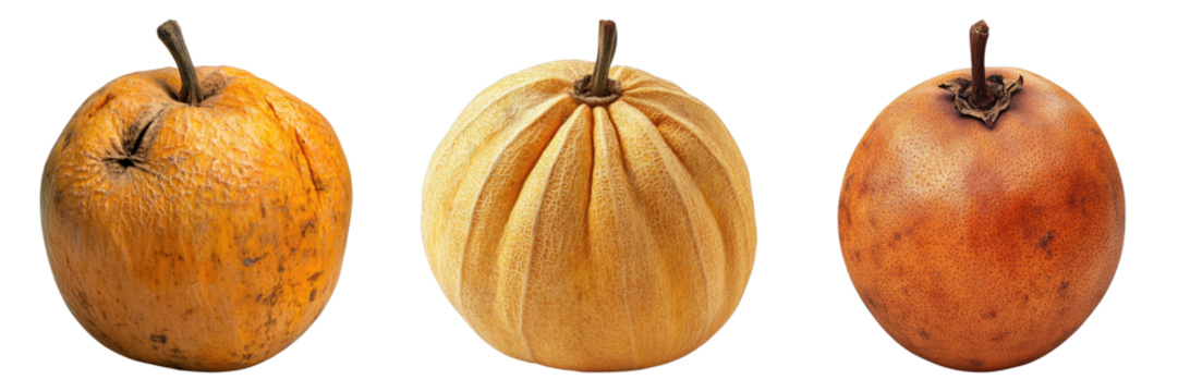 Three fruits with different stages of freshness, showing the beauty of natural ripening processes. The composition highlights the fruit's textures, colors, and subtle changes