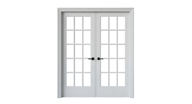 Elegant White French Doors with Grid Panes and Black Handles, Offering a Classic Architectural Entrance