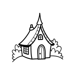 Illustration of a whimsical house with tall roof on transparent background