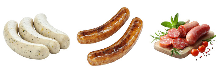 A delicious arrangement of assorted sausages on a clean surface, featuring different varieties and cuts