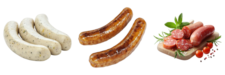 A delicious arrangement of assorted sausages on a clean surface, featuring different varieties and cuts