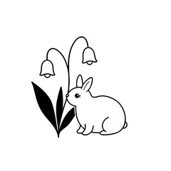 Rabbit sitting near lily of the valley flowers art on transparent background