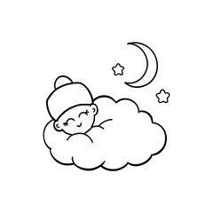 Sleeping baby on a cloud with moon and stars above on transparent background
