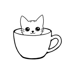 Cute cartoon cat sitting inside of a coffee cup on transparent background