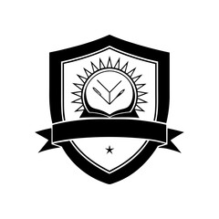 Shield emblem with book sun and banner illustration on transparent background