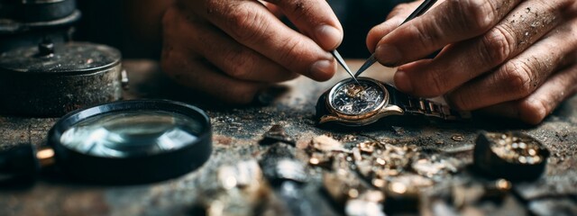 Skilled hands working meticulously on a watch repair, focusing on tiny gears with a magnifying tool in a detailed vintage workshop scene