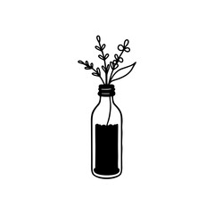 Bottle with a sprig of leaves and berries drawing on transparent background