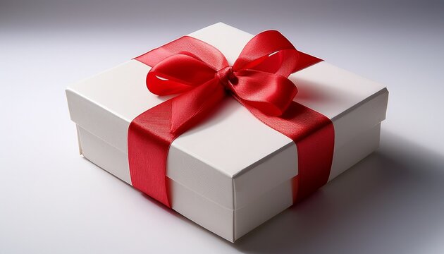 a neatly wrapped gift box sits on a white surface adorned with a vibrant red ribbon and bow the box is wrapped in a creamy white paper creating a clean and elegant presentation