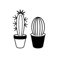 Two potted cacti plants in black and white style on transparent background