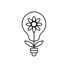 Flower growing inside of a light bulb line drawing on transparent background