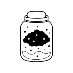 Jar with cloud and stars inside black and white on transparent background