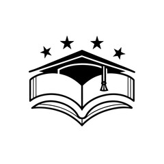 Open book with graduation cap and stars above it on transparent background
