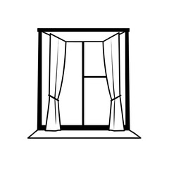 Window with curtains in black and white outline on transparent background