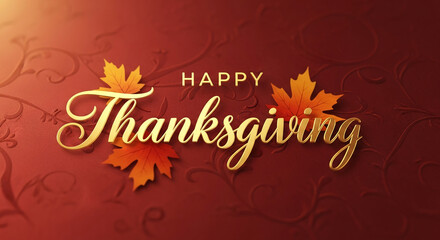 Elegant golden text "Happy Thanksgiving" on a red backdrop with decorative swirls and orange maple leaf, symbolizing gratitude, and autumnal celebration