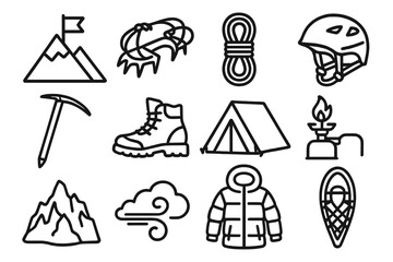 Alpine Climbing Gear Icons. Alpine Expedition linear icon set: summit flag, crampons, rope, helmet, ice pick, climbing boot, tent, camp stove, glacier, wind cloud, parka, snowshoe.