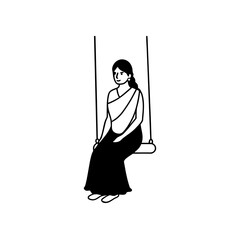 Woman in sari sitting on a swing line drawing art on transparent background