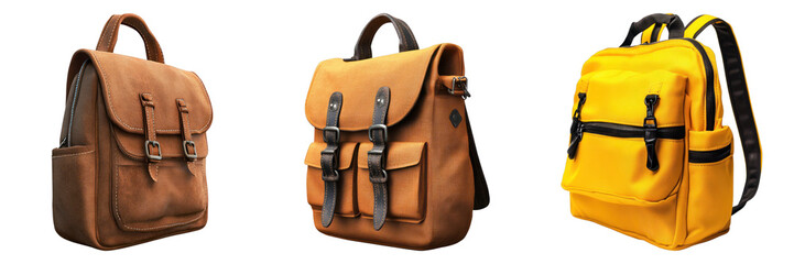 An assortment of leather backpacks in different shades. Showcasing different designs and styles
