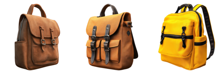 An assortment of leather backpacks in different shades. Showcasing different designs and styles
