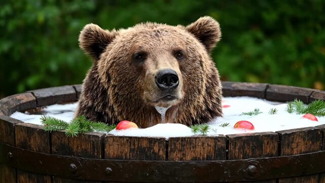 Brown bear soaking in a rustic wooden barrel filled with bubble bath surrounded by red apples and evergreen branches, creating a whimsical and surreal scene of spa relaxation outdoors
