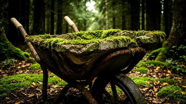 Old wheelbarrow in forest covered with moss and surrounded by trees