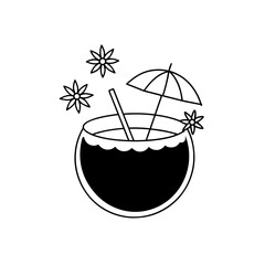 Coconut drink with umbrella and flower decoration on transparent background