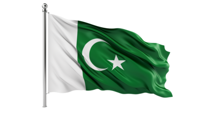 A waving flag of pakistan with a white crescent moon and star on a green background on a silver pole