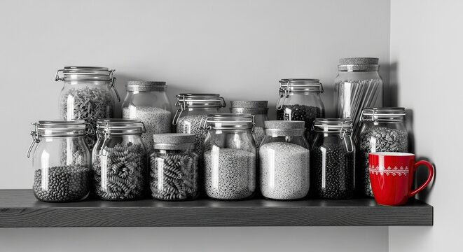 A collection of various glass jars filled with different dry goods and spices neatly arranged on a shelf with a single red mug