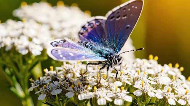 Butterfly with vibrant blue wings and intricate patterns landing on delicate white yarrow flowers, actively pollinating while basking in warm summer sunlight