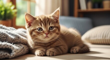 Adorable tabby kitten lounging comfortably on a cozy bed, basking in the warm sunlight streaming through the window, creating a serene and inviting atmosphere