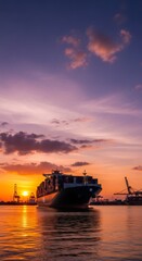 Large container ship loaded with cargo sailing at sunset. Global logistics and international trade concept for shipping industry.