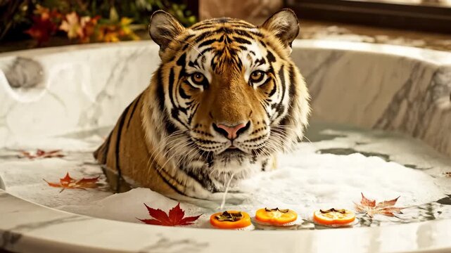 Tiger luxuriating in a white marble bathtub filled with foamy bubbles and floating maple leaves, embodying concepts of luxury, indulgence, and surreal relaxation