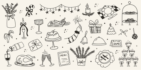 Cozy hand drawn Christmas and New Year dinner doodle set. Festive table and decoration elements for cards, invitations, holiday menu, or packaging.