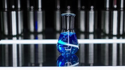 blue solution in glass flask on reflective lab bench under neon illumination, rows of test tubes blurred in background, reagent swirl with bubble formation, clinical high contrast atmosphere ideal - Powered by Adobe