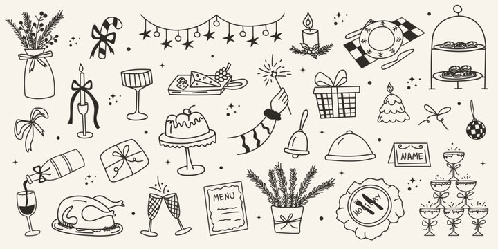 Cozy hand drawn Christmas and New Year dinner doodle set. Festive table and decoration elements for cards, invitations, holiday menu, or packaging.