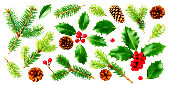 Winter holiday Christmas tree branch with red berries and pine cones decoration