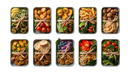 Top-Down View of 10 Healthy Meal Prep Bundles as Books, Hyper-Realistic Isolated on Transparent Background