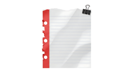 Blank lined notebook paper with a red tear-off strip and metal binder clip for notes and memos