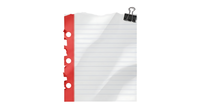 Blank lined notebook paper with a red tear-off strip and metal binder clip for notes and memos
