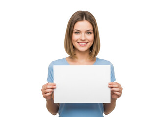 Fototapeta premium Smiling young woman holding a blank white paper sign for your custom message or advertisement isolated on transparent background