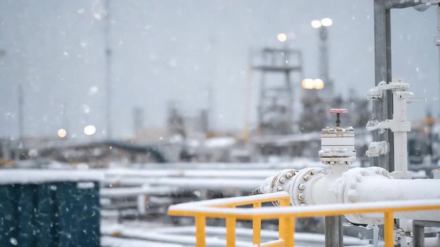 Winter view of network of gas pipes and valves, snow dusting exposed metal, industrial engineering in cold season