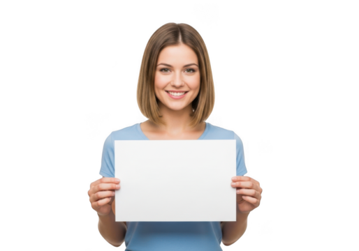 Smiling young woman holding a blank white paper sign for your custom message or advertisement isolated on transparent background
