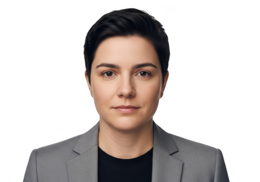 Professional portrait of a young woman with short dark hair wearing a gray blazer isolated on transparent background