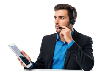 Professional business man wearing headset and holding tablet device for communication and work tasks isolated on transparent background
