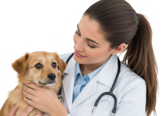 Veterinarian holding a small dog isolated on transparent background