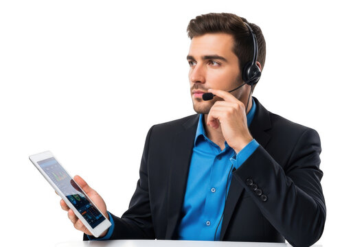 Professional business man wearing headset and holding tablet device for communication and work tasks isolated on transparent background